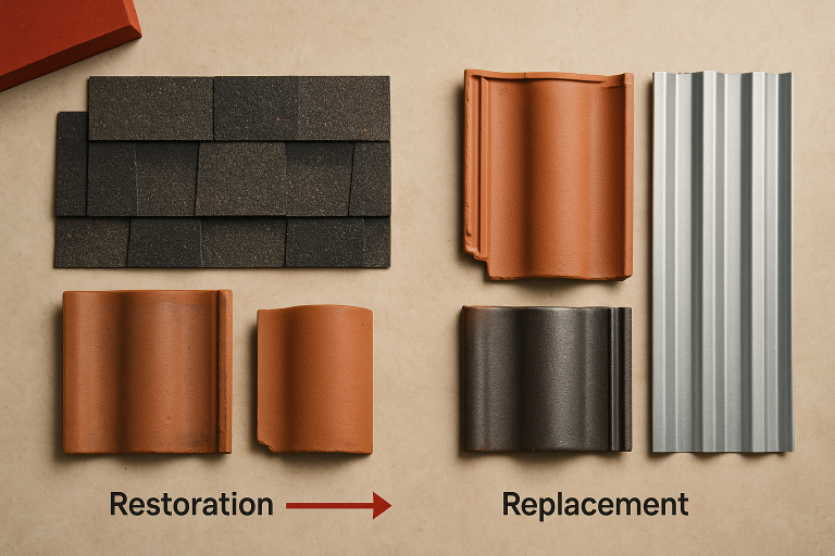 Comparison of roofing materials for restoration and replacement, including asphalt shingles, terracotta tiles, and metal sheets, arranged on a neutral background with labeled sections