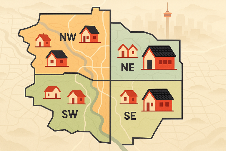 Map of Calgary divided into NW, NE, SW, and SE quadrants with illustrations of homes, some with new black shingle roofs, representing service coverage for roof replacement