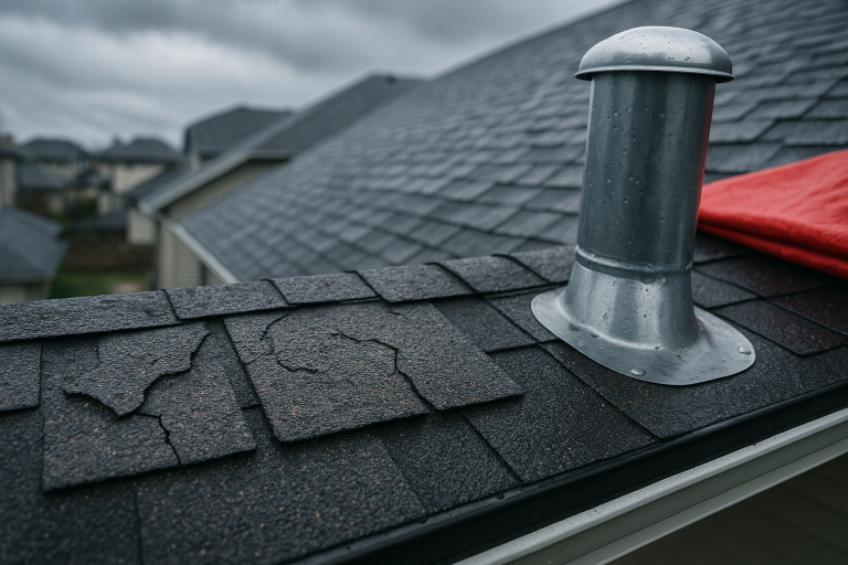 Close-up of cracked asphalt shingles next to a vent pipe on a residential roof under cloudy skies, highlighting storm damage in Calgary