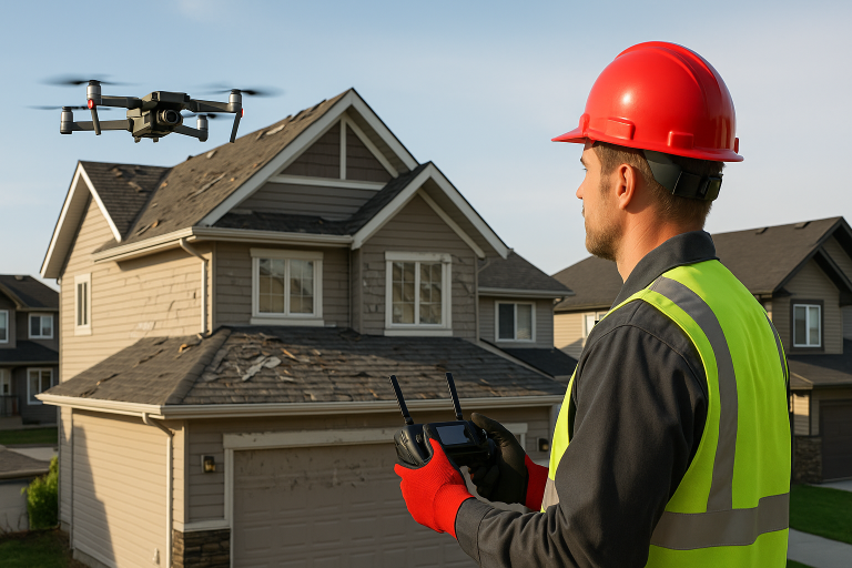 Roofing professional in safety gear uses a drone to inspect hail and storm damage on a Calgary home roof