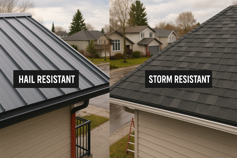 Split view showing two residential roofs in Calgary one with metal hail resistant roofing and the other with asphalt storm resistant shingles highlighting options for storm protection
