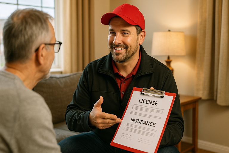 Smiling roofing contractor in red cap holding clipboard showing license and insurance documents to Calgary homeowner during consultation in living room