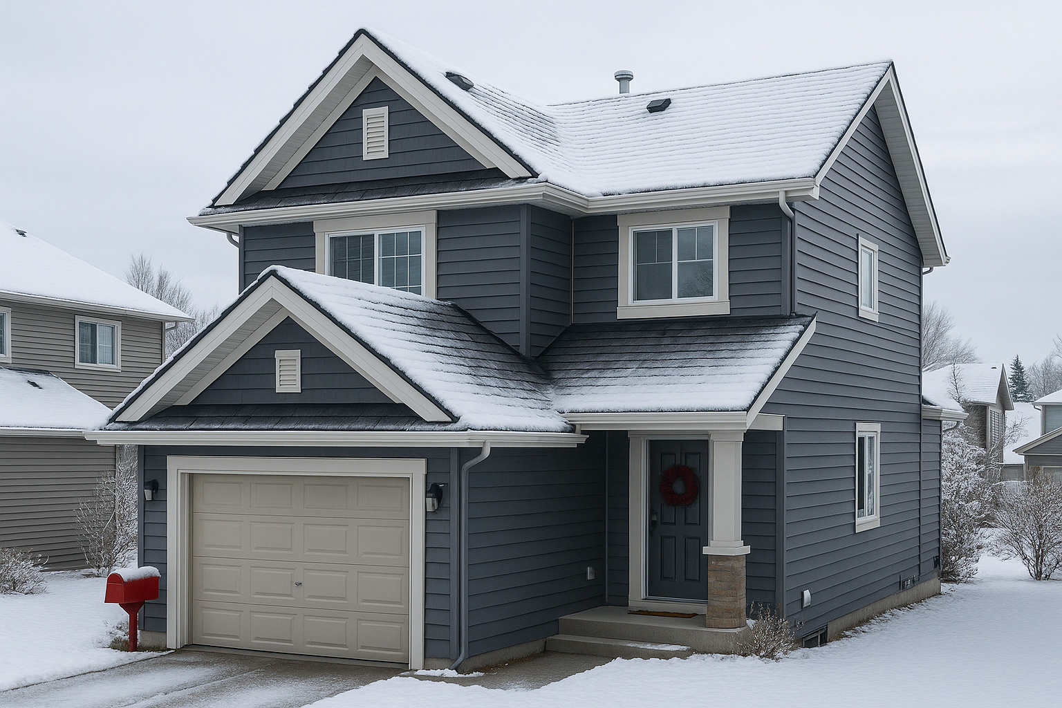 Modern two-story house in Calgary covered with a light layer of snow, showcasing dark siding, a clean roof, and winter-ready exterior features