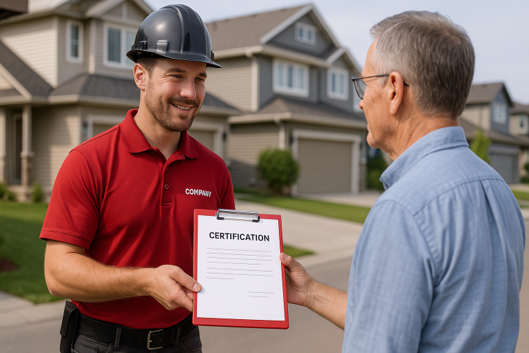 Roofing consultant in red shirt and hard hat showing certification clipboard to homeowner in Calgary suburban neighborhood