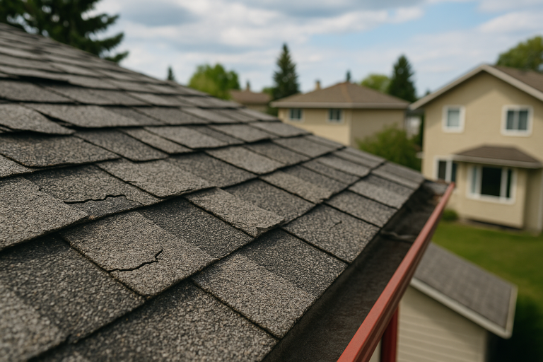 Close-up of a residential roof in Calgary showing cracked and worn asphalt shingles needing replacement, with suburban homes and trees in the background.