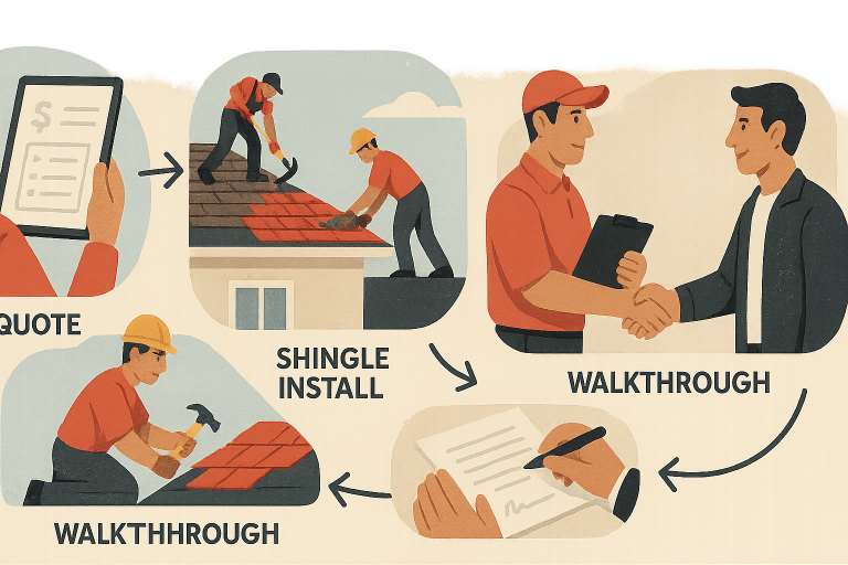 Illustration showing the step by step process of a licensed roofing contractor in Calgary including quoting, roof shingle installation, project walkthrough, and final agreement.