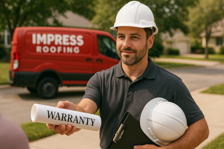 Professional roofing contractor wearing a hard hat hands a warranty document to a customer with Impress Roofing & Exteriors van in the background in a Calgary residential neighborhood