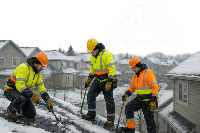Three roofing contractors in high-visibility gear repairing a snowy residential roof in Calgary during winter, demonstrating expertise in challenging conditions