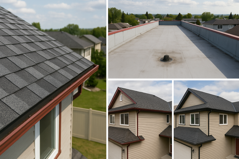 Collage showing close-up of asphalt shingles on a residential roof, a flat commercial rooftop, and exterior views of modern homes with new roofing in Calgary neighborhood