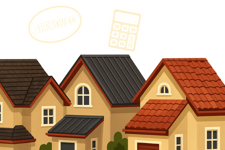 Illustration of Calgary homes featuring different roofing materials including metal, shingle, and tile roofs, reflecting a licensed roofing contractor’s expertise