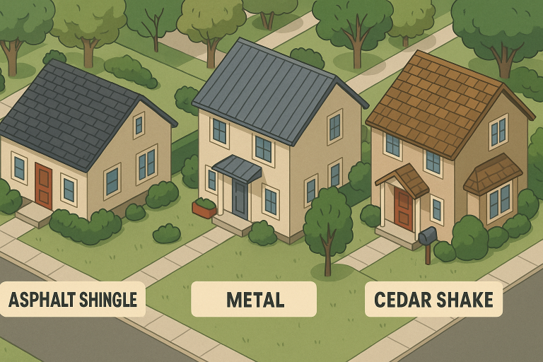 Illustration comparing asphalt shingle, metal, and cedar shake roofing on three neighboring houses in a suburban Calgary neighborhood