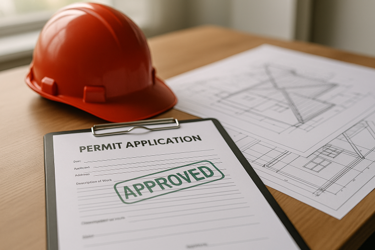 Approved permit application on clipboard with orange construction helmet and roofing blueprints on desk, representing roof replacement quote process in Calgary