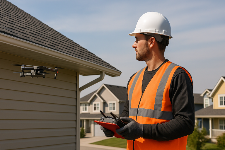 Roofing contractor in safety vest and helmet using a drone to inspect a residential roof in Calgary suburban neighborhood