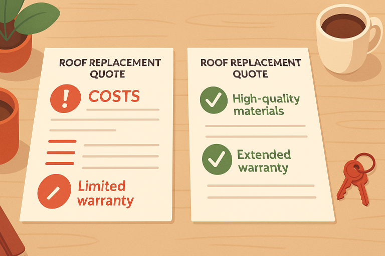 A comparison of two roof replacement quotes showing costs and limited warranty on one, and high-quality materials with extended warranty on the other, presented on a desk with keys, coffee, and plants.