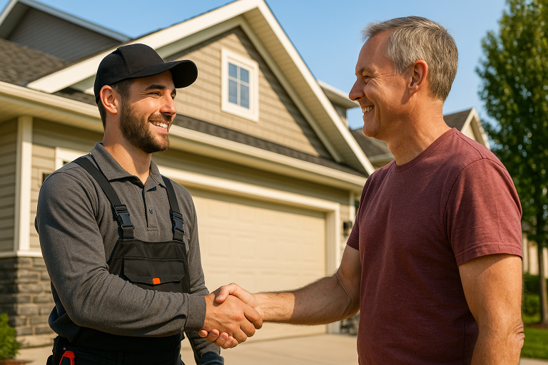 Smiling roofing contractor shaking hands with a homeowner in front of a modern Calgary house after discussing a roof replacement quote