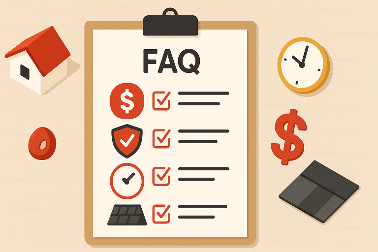 Illustration of a FAQ checklist on a clipboard surrounded by a house, clock, dollar sign, and roofing tiles, related to roof replacement quotes in Calgary