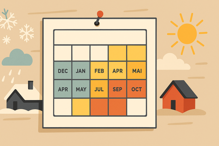 Illustration of a wall calendar showing months of the year with seasonal icons including snowflakes, rain, and sunshine, and two houses with a focus on roof and weather conditions relevant for roof replacement in Calgary