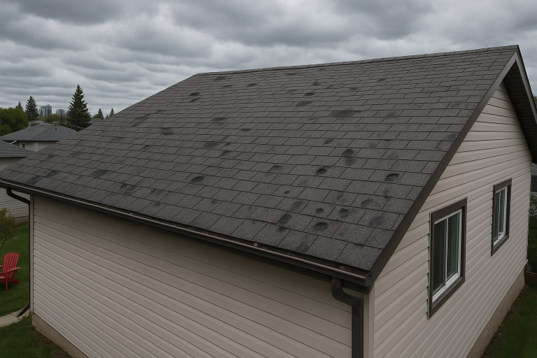 A residential garage with asphalt shingles showing multiple large hail impact marks, illustrating roof damage under cloudy skies in Calgary