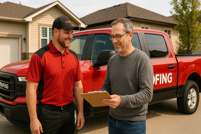 Professional roofer in red uniform discusses shingle roof replacement options with homeowner outside a Calgary home beside a branded red roofing truck