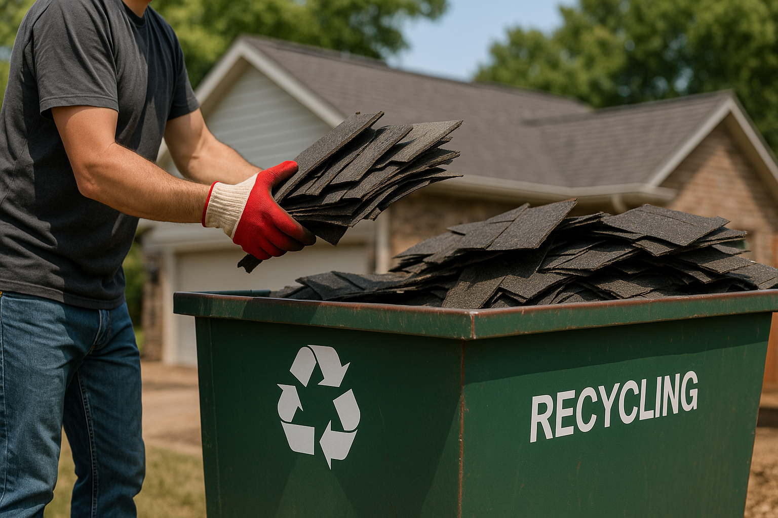 Worker placing old asphalt shingles into a recycling bin in front of a home during shingle roof replacement in Calgary