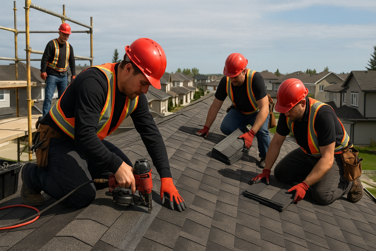 Roofers in red safety helmets and vests installing new asphalt shingles on a residential roof in Calgary neighborhood