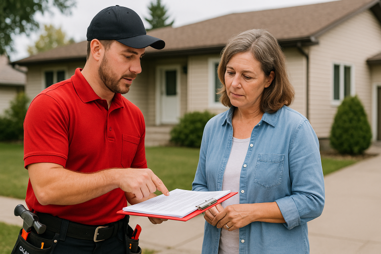 Roofing contractor in red shirt discussing a roof replacement contract with a Calgary homeowner outside a suburban house