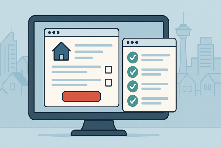 Illustration of a desktop computer screen showing a home icon, online form with checkboxes, and a completed checklist, set against a subtle Calgary cityscape background