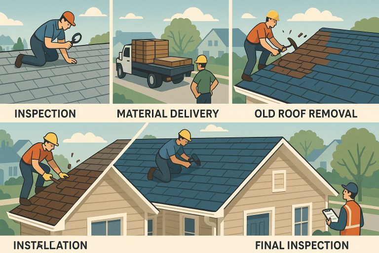 Illustration showing the step-by-step process of residential roof replacement in Calgary, including inspection, material delivery, old roof removal, shingle installation, and final inspection by roofing professionals.