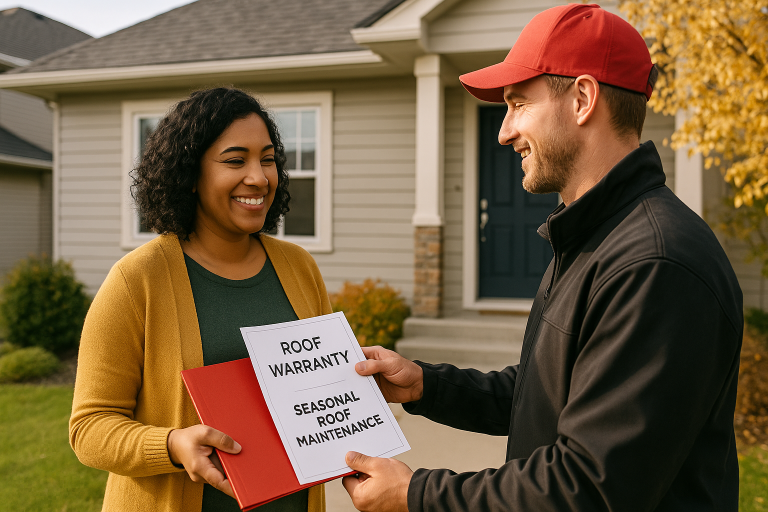 Smiling homeowner receiving roof warranty and seasonal maintenance booklet from roofing professional in front of Calgary home