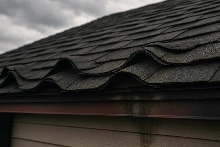Close-up view of damaged asphalt shingles curling on a residential roof under cloudy skies in Calgary, highlighting signs of roof deterioration and need for replacement.