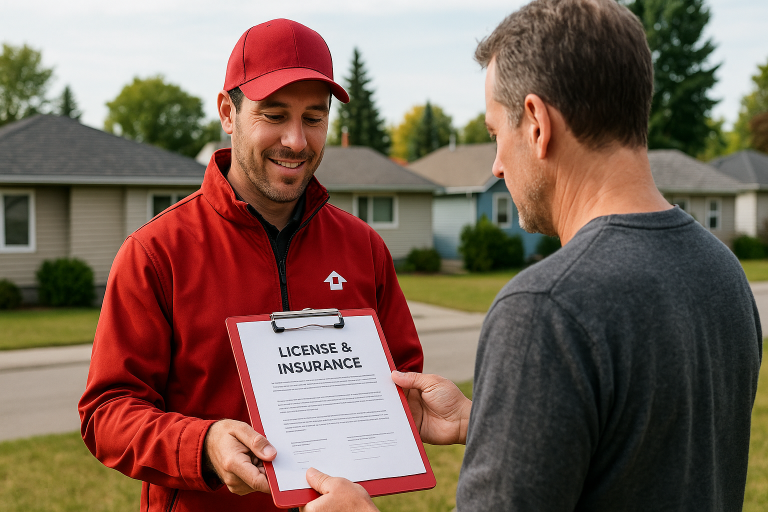 Roofing contractor in red uniform showing license and insurance documents on clipboard to homeowner in residential Calgary neighborhood