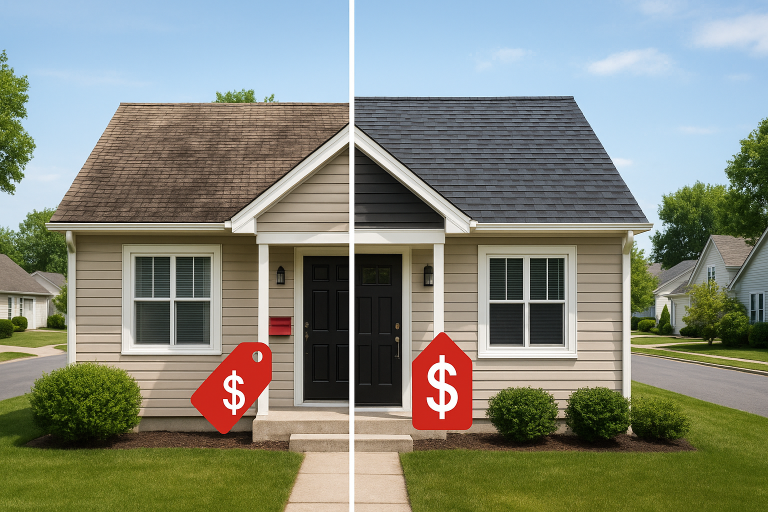 Single-story house in Calgary showing a before-and-after split of an old brown roof transformed into a new black shingle roof, with price tags to illustrate increased value