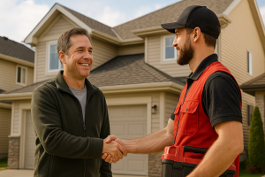 Home 25 Smiling homeowner shaking hands with a roofing contractor outside a modern Calgary house, symbolizing trust and satisfaction with new roof installation services.