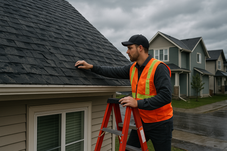Roofing specialist in high-visibility vest carefully inspecting new asphalt shingles on a residential home roof in Calgary neighborhood on a cloudy day
