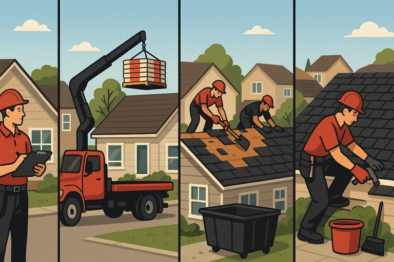 Illustration showing step by step new roof installation in Calgary with a professional roofing team inspecting, delivering materials, installing shingles, and finishing roof work on residential homes