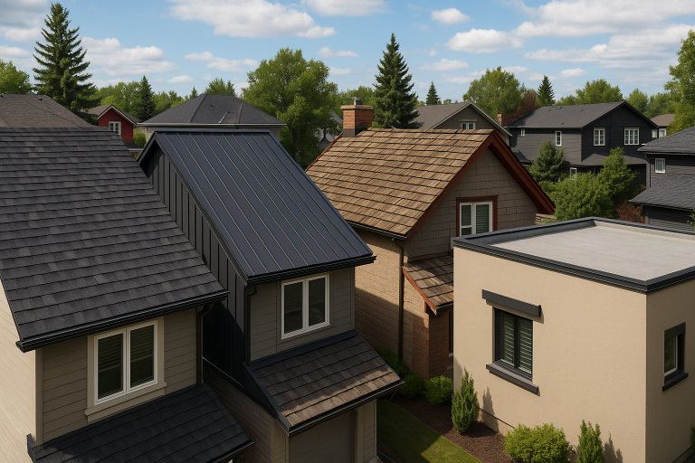 Aerial view of Calgary homes showcasing different new roof types including asphalt shingles, metal, wood shakes, and flat roofing with lush neighborhood landscaping in the background