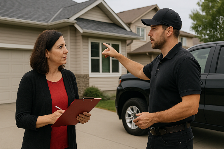 Roofing contractor discussing residential roof repairs with a homeowner outside a house in Calgary AB. The contractor is pointing at the roof while the homeowner takes notes on a clipboard.