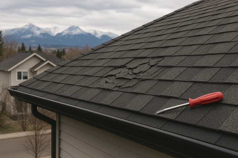 Close-up of damaged asphalt shingles on a residential roof with a screwdriver placed nearby, set against a suburban neighborhood in Calgary AB with mountains in the background