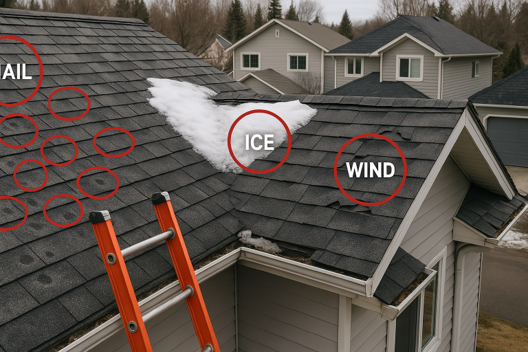 Close-up of a residential roof in Calgary showing shingle damage from hail, ice buildup, and wind, with red circles highlighting problem areas and an orange ladder leaning against the house.
